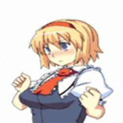 Rule 34 | 1girl, alice margatroid, animated, animated gif, artist request, blonde hair, blush, bouncing breasts, breasts, artistic error, female focus, large breasts, lowres, solo, touhou