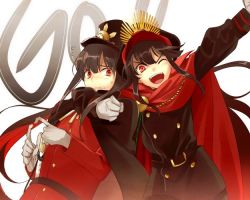 Rule 34 | 1boy, 1girl, black hair, cape, commentary request, echo (circa), fate/grand order, fate (series), gloves, hat, koha-ace, long hair, looking at viewer, military, military hat, military uniform, oda nobukatsu (fate), oda nobunaga (fate), oda nobunaga (koha-ace), one eye closed, open mouth, red eyes, sidelocks, smile, uniform