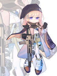 Rule 34 | 1girl, assault rifle, beanie, black scarf, blonde hair, boots, breasts, brown coat, brown hair, clenched hand, cloak, closed mouth, coat, fanny pack, fn scar, fn scar 16, girls&#039; frontline, green skirt, gun, hat, hexaa, highres, holding, holding dog tags, holding weapon, knee pads, looking at viewer, medium breasts, optical sight, pantyhose, purple eyes, rifle, scar-l (girls&#039; frontline), scarf, shirt, shirt tucked in, skirt, smile, solo focus, suppressor, weapon, white pantyhose, white shirt