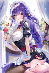 Rule 34 | 1girl, alternate costume, blush, braid, breasts, brown pantyhose, bug, butterfly, flower, fox, from side, genshin impact, hair ornament, holding, holding flower, insect, large breasts, long hair, looking at viewer, looking to the side, low-braided long hair, low-tied long hair, maid, maid headdress, pantyhose, parted lips, petals, purple eyes, purple hair, raiden shogun, rose, sitting, white headwear, woodazi, wrist cuffs, yae miko, yae miko (fox)