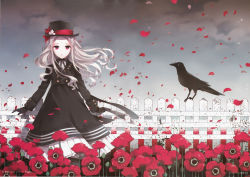 Rule 34 | 1girl, absurdres, bird, black gloves, crow, double-breasted, dress, fence, flower, gloves, hat, hat flower, hat ribbon, highres, long hair, long sleeves, nardack, petals, picket fence, red eyes, ribbon, silver hair, solo, standing, top hat, wooden fence