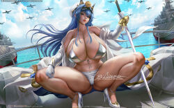 Rule 34 | 1girl, aircraft, armband, artist name, badge, bikini, blue eyes, blue hair, braid, breasts, gloves, goddess of victory: nikke, hat, helm (nikke), high heels, huge breasts, jacket, lexaiduer, lips, long hair, long sleeves, military hat, ocean, off-shoulder jacket, off shoulder, partially unbuttoned, peaked cap, ship, shorts, solo, spread legs, squatting, swimsuit, sword, thick thighs, thighs, water, watercraft, weapon, white bikini, white gloves, white jacket, white shorts