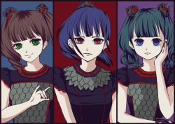 Rule 34 | 3girls, absurdres, babymetal, black hair, blue eyes, blue hair, bow, brown hair, character request, green eyes, highres, long hair, lsize, multiple girls, nail polish, ponytail, red eyes, smile, tagme, twintails
