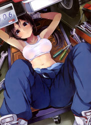 Rule 34 | 1girl, absurdres, armpits, arms up, breasts, brown eyes, brown hair, camisole, car, gloves, highres, impossible clothes, jumpsuit, long hair, looking at viewer, lying, mechanic, midriff, mirai denki, motor vehicle, navel, on back, overalls, pants, ponytail, screwdriver, shirt, solo, spread legs, sweat, tank top, taut clothes, taut shirt, tied shirt, toolbox, vehicle, white gloves, wrench