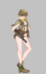 Rule 34 | 1girl, absurdres, ankle boots, black bra, black panties, blonde hair, blue eyes, blush, boots, bra, breasts, brown footwear, brown headwear, brown shirt, carrying, cleavage, clenched hand, commentary, cross-laced footwear, english commentary, frown, full body, german army, glaring, gloves, green gloves, grey background, grimace, gun, hand on own hip, harness, heel up, helmet, highres, long sleeves, looking at viewer, machine gun, medium breasts, medium hair, mp28, no pants, open clothes, open shirt, original, panties, shirt, simple background, sleeves rolled up, solo, standing, steam, submachine gun, underwear, weapon, weapon request, world war ii, yellow chease
