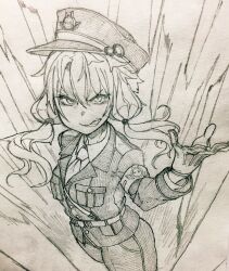 Rule 34 | 1girl, alternate costume, armband, belt, buttons, collared shirt, commentary, evil grin, evil smile, floating hair, foreshortening, from above, glaring, gloves, graphite (medium), greyscale, grin, hand up, hat, highres, jacket, long sleeves, looking at viewer, military, military jacket, military uniform, monochrome, necktie, peaked cap, shirt, short hair with long locks, shoulder belt, smile, solo, sound effects, toriniku29, traditional media, uniform, v-shaped eyebrows, vocaloid, voiceroid, yuzuki yukari