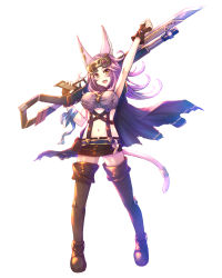 Rule 34 | 1girl, animal ears, arm up, boots, breasts, cape, cat ears, cat tail, duel monster, fingerless gloves, full body, gloves, goggles, goggles on head, gun, highres, holding, holding gun, holding weapon, large breasts, long hair, open mouth, orange eyes, over shoulder, pink hair, shorts, simple background, skirt, solo, suspender skirt, suspenders, tail, tail ornament, tail ring, takkayuuki, thigh boots, thighhighs, torn cape, torn clothes, tri-brigade ferrijit the barren blossom, weapon, weapon over shoulder, white background, yu-gi-oh!