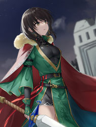 Rule 34 | 1girl, belt, black hair, blurry, breasts, brown eyes, cape, depth of field, dress, earrings, fingerless gloves, fire emblem, fire emblem: thracia 776, fire emblem heroes, fur trim, gloves, gold trim, green dress, green gloves, hair ornament, haru (nakajou-28), highres, holding, holding sword, holding weapon, jewelry, large breasts, long sleeves, mareeta (fire emblem), necklace, night, night sky, nintendo, official alternate costume, pelvic curtain, red cape, skin tight, sky, solo, sword, weapon