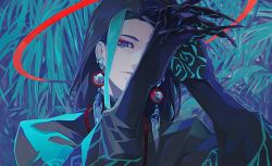 Rule 34 | 1boy, black hair, blue eyes, blue hair, chinese clothes, commentary request, earrings, expressionless, eyeshadow, face, fate/grand order, fate (series), gloves, halo, jewelry, long hair, long sleeves, looking at viewer, makeup, male focus, multicolored eyes, multicolored hair, red eyes, red eyeshadow, red ribbon, ribbon, sei 8220, solo, taisui xingjun (fate)