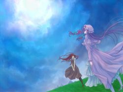 Rule 34 | 2girls, bad id, bad pixiv id, cloak, cloud, dress, dutch angle, female focus, field, floating hair, grass, hair over eyes, hair ribbon, hat, koakuma, long hair, looking up, multiple girls, patchouli knowledge, red hair, ribbon, sky, embodiment of scarlet devil, touhou, v arms, wind, yuina (artist)