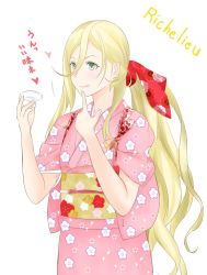 Rule 34 | 1girl, alternate costume, blonde hair, character name, commentary request, cowboy shot, cup, floral print, green eyes, hair between eyes, holding, holding saucer, japanese clothes, kantai collection, kimono, long hair, mole, mole under eye, mole under mouth, pink kimono, red ribbon, ribbon, richelieu (kancolle), sakazuki, saucer, simple background, solo, takase asagiri, translation request, white background