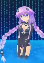 Rule 34 | 10s, 1girl, binary, black thighhighs, blue eyes, braid, breasts, cleavage, cleavage cutout, clothing cutout, covered navel, cowboy shot, cross, female focus, gloves, hair between eyes, hair ornament, hands on thighs, leotard, long hair, looking at viewer, magical girl, medium breasts, neptune (neptunia), neptune (series), parted lips, purple hair, purple heart (neptunia), shizukage (shizukageya), sizukage, solo, symbol-shaped pupils, thighhighs, turtleneck, twin braids, very long hair, wading, water
