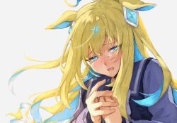 Rule 34 | 1girl, ahoge, animal ears, blonde hair, blue eyes, blue hair, bow, bowtie, colored inner hair, commentary request, crying, crying with eyes open, diamond hair ornament, ear ornament, hair between eyes, hair ornament, highres, horse ears, horse girl, horseshoe ornament, l60cm0521, long hair, long sleeves, multicolored hair, neo universe (umamusume), own hands together, purple shirt, sad, sailor collar, sailor shirt, school uniform, shirt, simple background, solo, tears, tracen school uniform, two-tone hair, umamusume, white background
