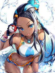 Rule 34 | 1girl, :p, armband, bent over, bikini, black hair, blue eyes, blue hair, breasts, commentary, cowboy shot, creatures (company), dark-skinned female, dark skin, earrings, eyeshadow, game freak, gloves, gym leader, highres, holding, holding poke ball, hoop earrings, jewelry, looking at viewer, makeup, medium breasts, midriff, multicolored hair, multiple earrings, narae, navel, necklace, nessa (pokemon), nintendo, parted bangs, partially fingerless gloves, poke ball, poke ball (basic), pokemon, pokemon swsh, sidelocks, solo, sports bikini, streaked hair, swimsuit, tongue, tongue out, water drop, wet, wristband