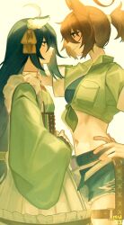 2girls absurdres agnes_tachyon_(lunatic_lab)_(umamusume) agnes_tachyon_(umamusume) ahoge animal_ears bikini black_bikini black_hair breasts brown_corset brown_hair corset ear_covers frilled_kimono frills green_kimono halterneck hand_on_own_hip highres horse_ears horse_girl japanese_clothes kimono long_hair long_sleeves looking_at_another maid manhattan_cafe_(verdant_night)_(umamusume) midriff mujintou_png multiple_girls navel official_alternate_costume official_alternate_hairstyle ponytail short_hair shorts single_ear_cover smile solo swimsuit tail umamusume wa_maid yellow_eyes