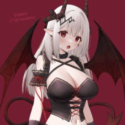 Rule 34 | 1girl, :o, alternate costume, arknights, bare shoulders, breasts, bustier, cleavage, collarbone, demon girl, demon horns, demon tail, demon wings, earrings, fangs, grey hair, hair ornament, happy halloween, highres, horns, jewelry, large breasts, long hair, looking at viewer, material growth, mudrock (arknights), navel, oemmnn, open mouth, oripathy lesion (arknights), pointy ears, red background, red eyes, red wings, simple background, solo, stomach, tail, upper body, wings