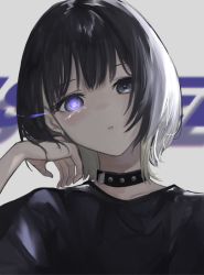 Rule 34 | 1girl, bad id, bad twitter id, black choker, black eyes, black hair, black shirt, blurry, blurry background, character request, choker, commentary, copyright request, glowing, glowing eye, hand up, highres, looking at viewer, parted lips, shirt, solo, studded choker, suimin (sui 0y0), symbol in eye, upper body