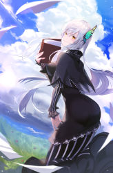 Rule 34 | 1girl, absurdres, black dress, book, butterfly hair ornament, capelet, cloud, colored eyelashes, dress, echidna (re:zero), flying paper, from behind, grasslands, hair between eyes, hair ornament, highres, holding, holding book, long hair, looking at viewer, mute fanta855, paper, re:zero kara hajimeru isekai seikatsu, smile, solo, white hair, yellow eyes