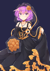 Rule 34 | 1girl, absurdres, akiteru (akiteru98), alternate costume, antenna hair, bare shoulders, black dress, blue background, blush, bouquet, breasts, cleavage, commentary request, dress, feet out of frame, flower, frilled sleeves, frills, hair between eyes, hair flower, hair ornament, heart, highres, holding, holding flower, jewelry, komeiji satori, long sleeves, looking at viewer, medium breasts, off-shoulder dress, off shoulder, orange flower, orange rose, parted lips, pendant, petticoat, purple eyes, purple hair, rose, see-through, short hair, simple background, skirt hold, solo, standing, third eye, touhou, veil, wide sleeves