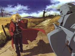 Rule 34 | 00s, 2boys, alchemist, alphonse elric, armor, autumn, blonde hair, boots, braid, brothers, edward elric, fall, fullmetal alchemist, gloves, male focus, multiple boys, nature, official art, path, pathway, road, ruins, sad, scan, siblings, single braid, suitcase, travel, tree, way, yellow eyes