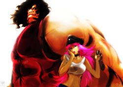 Rule 34 | 1boy, 1girl, black hair, blue eyes, breasts, capcom, choker, crop top, cuffs, curly hair, final fight, hand in own hair, handcuffs, hat, height difference, highres, hugo andore, large breasts, long hair, muscular, no pupils, peaked cap, pink hair, poison (final fight), signature, size difference, street fighter, street fighter iii (series), street fighter x tekken, tank top, tikantz