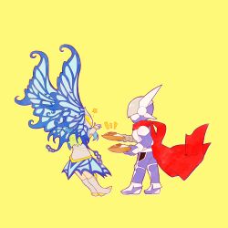 Rule 34 | 1boy, 1girl, butterfly wings, digimon, highres, hudiemon, insect wings, justimon, scarf, simple background, wings, yellow background