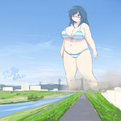 Rule 34 | 1girl, belly, bikini, black hair, blue hair, blush, breasts, brown eyes, cleavage, dated, day, female focus, giant, giantess, glasses, highres, large breasts, long hair, mikomu, navel, original, plump, power lines, red-framed eyewear, smoke, solo, standing, stream, striped bikini, striped clothes, swimsuit, thick thighs, thighs, town