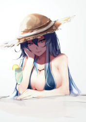 Rule 34 | 10s, 1girl, akame ga kill!, bba1985, blue eyes, blue hair, breasts, cleavage, drink, esdeath, food, fruit, glass, hat, highres, large breasts, lime (fruit), long hair, looking at viewer, matching hair/eyes, profile, sketch, smile, solo, straw hat