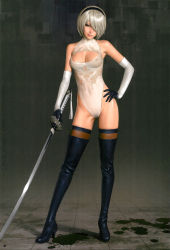Rule 34 | 1girl, 2b (nier:automata), bare shoulders, black footwear, black gloves, black hairband, black thighhighs, boots, breasts, cleavage, cleavage cutout, closed mouth, clothing cutout, covered navel, elbow gloves, female pubic hair, full body, gloves, gluteal fold, hair over one eye, hairband, hand on own hip, high heel boots, high heels, highleg, highleg leotard, highres, holding, holding sword, holding weapon, katana, large breasts, legs apart, leotard, long legs, looking at viewer, mole, mole under mouth, nier:automata, nier (series), nipples, pubic hair, see-through, short hair, silver hair, solo, standing, sword, thigh boots, thighhighs, thighhighs under boots, watanabe yasuaki, weapon, white leotard