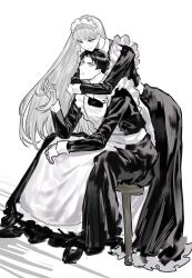 Rule 34 | 1boy, 1girl, angelica (project moon), apron, black dress, black eyes, black hair, blue eyes, closed mouth, dress, full body, highres, holding another&#039;s hair, hug, hug from behind, husband and wife, library of ruina, long hair, long sleeves, maid, maid headdress, orururuu, parted bangs, project moon, roland (project moon), sitting, smile, very long hair, white apron, white hair