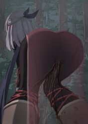 Rule 34 | 1girl, absurdres, ass, ass focus, black leggings, blue ribbon, blue scarf, blush, boots, brown footwear, bush, cameltoe, cleft of venus, commission, dress, embarrassed, female focus, fire emblem, fire emblem: radiant dawn, forest, from behind, grey hair, hair ribbon, highres, knee boots, leaning forward, leggings, long hair, micaiah (fire emblem), nature, nintendo, outdoors, pee, peeing, peeing self, red dress, ribbon, rune (dualhart), scarf, standing, textless version, tree, wet, wet clothes, x-ray