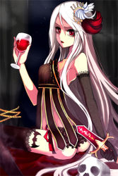 Rule 34 | 1girl, cup, dagger, hair ornament, knife, long hair, lowres, open mouth, red eyes, skull, solo, sword girls, tattoo, thighhighs, very long hair, weapon, white hair