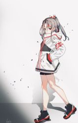 Rule 34 | 1girl, alternate costume, bare legs, brown eyes, flat chest, hands in pockets, highres, horohoro5151, jacket, kantai collection, light brown hair, long hair, muneate, shoes, shorts, socks, walking, white background, zuihou (kancolle)