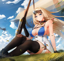 Rule 34 | 1girl, aircraft, airplane, airship, asymmetrical gloves, bare shoulders, bikini, bikini top only, black gloves, blonde hair, blue eyes, blue sky, blush, braid, breasts, cleavage, closed mouth, cloud, commentary, day, dirigible, dress, elbow gloves, gloves, grass, gun, headlight, highres, holding, holding gun, holding weapon, large breasts, legs, long hair, looking at viewer, obaoba (monkeyix), original, outdoors, rifle, scope, shoes, sideboob, single elbow glove, sitting, sky, sleeveless, smile, sniper rifle, solo, string bikini, swimsuit, symbol-only commentary, thigh strap, thighhighs, thighs, twin braids, uneven gloves, weapon