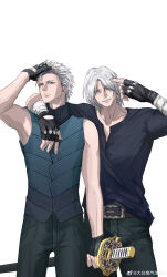 Rule 34 | 2boys, absurdres, bishounen, black gloves, blue eyes, brothers, dante (devil may cry), devil may cry (series), devil may cry 5, facial hair, fingerless gloves, gloves, highres, holding, looking at viewer, male focus, multiple boys, shirt, siblings, simple background, sleeveless, smile, sword, twins, vergil (devil may cry), weapon, white hair, yamato (sword)