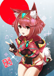 Rule 34 | 1girl, animal ears, blush, breasts, cat ears, covered navel, earrings, fingerless gloves, gloves, green322, hair ornament, highres, jewelry, large breasts, looking at viewer, nintendo, pyra (xenoblade), red eyes, red hair, short hair, shorts, sidelocks, solo, tiara, xenoblade chronicles (series), xenoblade chronicles 2, xenoblade chronicles (series), xenoblade chronicles 2