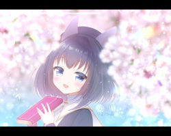 Rule 34 | 1girl, :d, animal ears, black hair, blue dress, blue eyes, blue hat, blurry, blurry background, blurry foreground, blush, book, cherry blossoms, commentary request, depth of field, dress, ears through headwear, fingernails, flower, hands up, hat, holding, holding book, letterboxed, long hair, long sleeves, looking at viewer, open mouth, original, pink flower, revision, seta (monyun), signature, smile, solo, upper body
