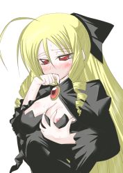 Rule 34 | 1girl, black dress, blonde hair, blush, bow, grabbing another&#039;s breast, breasts, brooch, cleavage, dress, drill hair, grabbing, hair bow, hayate no gotoku!, ikebata homura, jewelry, long hair, nipples, red eyes, solo, tennousu athena