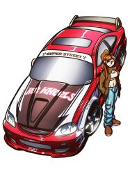 Rule 34 | asahan arcila (toonzoku), blue pants, breasts, brown eyes, brown hair, brown jacket, car, cleavage, commentary, english commentary, from above, frown, glasses, hair behind ear, hands in pockets, highres, honda, honda civic, hot wheels, jacket, looking to the side, medium breasts, midriff, motor vehicle, original, pants, ponytail, round eyewear, shadow, simple background, spoiler (automobile), toonzoku, vehicle focus, white background