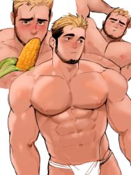 Rule 34 | 1boy, abs, bara, beard, blush, collage, corn, corn cob, dopey (dopq), facial hair, fellatio gesture, fundoshi, implied anal, implied sex, japanese clothes, large pectorals, looking to the side, male focus, male underwear, mature male, muscular, muscular male, mustache, navel, nipples, original, pectorals, sexually suggestive, short hair, sideburns, stomach, stubble, thick eyebrows, undercut, underwear, underwear only, white male underwear