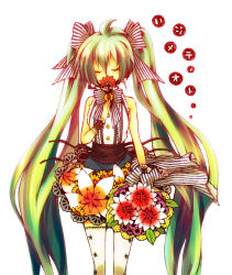 Rule 34 | 1girl, ahoge, bad id, bad pixiv id, bouquet, bowtie, closed eyes, colorized, covered mouth, flower, flower over mouth, hair between eyes, hatsune miku, holding, holding bouquet, long hair, shintaniya, simple background, solo, standing, striped bow, striped bowtie, striped clothes, thighhighs, twintails, very long hair, vocaloid, white background, white thighhighs