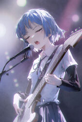Rule 34 | 1girl, bass guitar, black bow, black bowtie, black ribbon, black shirt, black skirt, blue hair, blurry, blurry background, bocchi the rock!, bow, bowtie, breasts, buttons, closed eyes, collared shirt, commentary, concert, dino (dinoartforame), electric guitar, english commentary, fender precision bass, guitar, hair between eyes, hair ornament, hairpin, hands up, highres, holding, holding instrument, instrument, lens flare, light, long sleeves, microphone, microphone stand, mole, mole under eye, music, neck ribbon, open mouth, playing instrument, pleated skirt, ribbon, school uniform, shirt, shirt tucked in, short hair, short sleeves, simple background, singing, skirt, small breasts, solo, stage lights, standing, strap, upper body, white shirt, yamada ryo