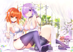 Rule 34 | 2girls, ahoge, artoria pendragon (lancer alter) (fate), artoria pendragon (lancer alter) (royal icing) (fate), ass, babydoll, bare shoulders, black gloves, black legwear, blush, breasts, cleavage, collarbone, curtains, fate/grand order, fate (series), feet, flower, fujimaru ritsuka (female), gloves, hair flower, hair ornament, hair over one eye, highres, isy, jewelry, legs, light purple hair, lingerie, looking at viewer, mash kyrielight, medium breasts, multiple girls, necklace, official alternate costume, one side up, open mouth, orange eyes, orange hair, purple eyes, riyo (lyomsnpmp) (style), royal icing, saint quartz (fate), short hair, side ponytail, thighhighs, thighs, underwear, vase