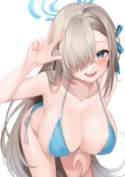 Rule 34 | 1girl, aqua bikini, asuna (blue archive), asymmetrical bangs, bent over, bikini, blue archive, blush, breasts, cleavage, collarbone, hair over one eye, halo, large breasts, leaning forward, light brown hair, long hair, looking at viewer, mole, mole on breast, one eye covered, sasakichi (ssk chi), side-tie bikini bottom, simple background, smile, solo, swimsuit, teeth, upper teeth only, very long hair, w, white background