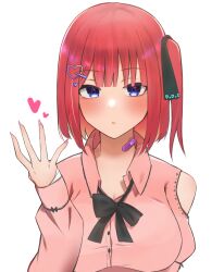 Rule 34 | 1girl, alternate costume, alternate hairstyle, bandaid, bandaid on neck, black bow, black ribbon, blue eyes, blunt bangs, blush, bow, breasts, closed mouth, collar, commentary request, dress shirt, eyelashes, fingernails, frilled collar, frills, go-toubun no hanayome, hair ornament, hair ribbon, hairclip, hand up, heart, heart hair ornament, hickey, highres, kakato 0, large breasts, lips, long fingernails, looking at viewer, medium hair, nail polish, nakano nino, one side up, open hand, pink nails, pink shirt, red hair, ribbon, shirt, simple background, sleeves past wrists, solo, straight-on, straight hair, upper body, white background