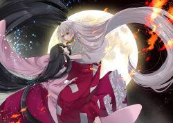 Rule 34 | 2girls, absurdly long hair, baggy pants, barefoot, black hair, branch, commentary request, crying, crying with eyes open, fire, frilled sleeves, frills, fujiwara no mokou, grey hair, hand on another&#039;s cheek, hand on another&#039;s face, highres, houraisan kaguya, huge moon, jeweled branch of hourai, long hair, long sleeves, mokoiscat, moon, multiple girls, night, night sky, open mouth, outdoors, pants, petticoat, pink shirt, red eyes, red pants, red skirt, shirt, skirt, sky, tears, touhou, very long hair, wide sleeves