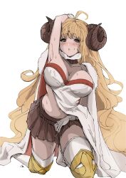 Rule 34 | 1girl, ahoge, anila (granblue fantasy), armpits, blonde hair, blush, breasts, brown skirt, cleavage, coat, curled horns, draph, eyebrows hidden by hair, fur-trimmed coat, fur trim, glanbluefanta, granblue fantasy, highres, horns, large breasts, ribbon-trimmed bikini, sheep horns, short eyebrows, skirt, solo, thick eyebrows, thighhighs, thighs, yellow eyes
