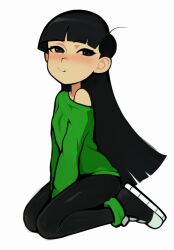 Rule 34 | 1girl, arms between legs, bare shoulders, black eyes, black footwear, black hair, black pants, blunt bangs, blush, breasts, closed mouth, codename: kids next door, female focus, full body, green sweater, highres, leggings, long hair, long sleeves, loodncrood, looking at viewer, numbuh 3, off shoulder, pants, seiza, shoes, simple background, sitting, small breasts, smile, sneakers, solo, sweater, thighs, white background