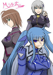 Rule 34 | blue eyes, blue hair, breasts, brown hair, fingerless gloves, gloves, green eyes, grey hair, hair ornament, large breasts, lyrical nanoha, mahou shoujo lyrical nanoha, mahou shoujo lyrical nanoha a&#039;s, mahou shoujo lyrical nanoha a&#039;s portable: the battle of aces, lord dearche, levi the slasher, stern the destructor, aged up, twintails, zerosu (take out)