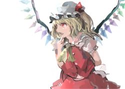 Rule 34 | 1girl, ascot, blonde hair, fangs, flandre scarlet, hat, hat ribbon, ichiba youichi, mob cap, open mouth, puffy short sleeves, puffy sleeves, ribbon, sash, shirt, short sleeves, side ponytail, skirt, skirt set, solo, touhou, upper body, vest, wings